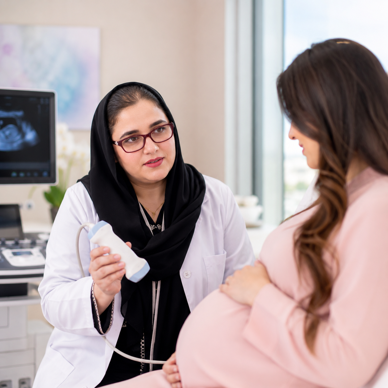 Caring doctor with patient